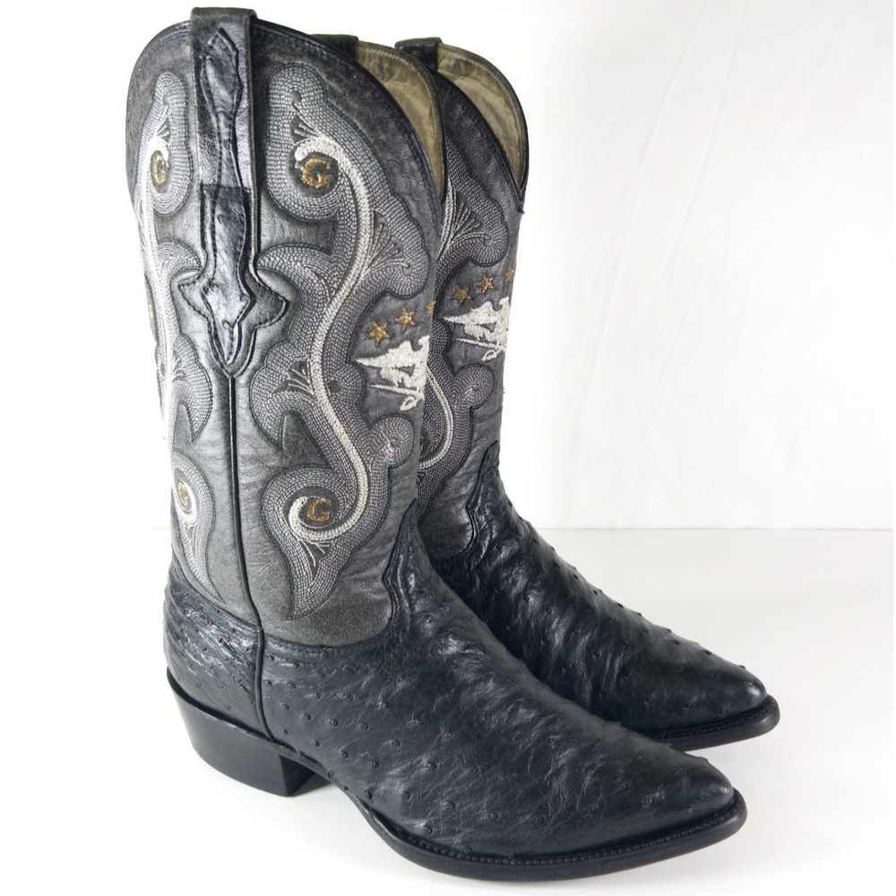 El General Full Quill Ostrich Western Cowboy Boots Black Men 7.5 Fits 8.5 $400